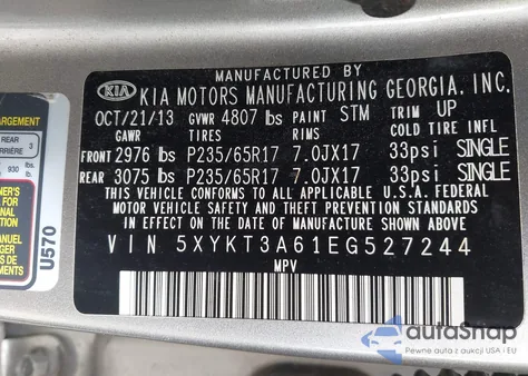 2014 Kia Sorento Lx z USA, uszkodzony, nr VIN 5XYKT3A61EG527244